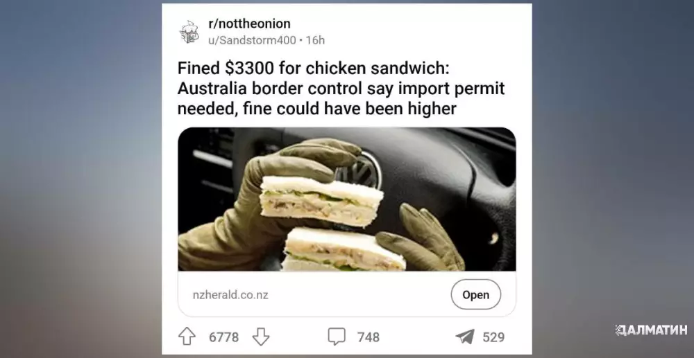 В Австралии женщину оштрафовали на $3300 за попытку пронести сендвич с курицей в самолёт